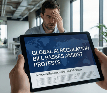 Notícia sobre regulação de IA em um tablet.