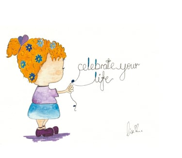 Watercolor illustration of a girl holding a string forming the words celebrate your life.