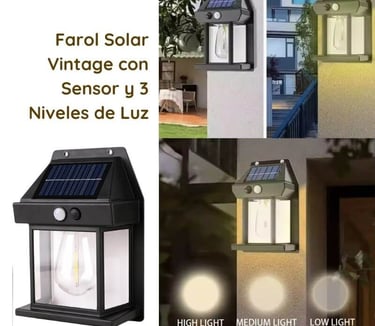 Farol solar vintage de pared con sensor de movimiento y 3 niveles de luz – Ideal para jardín, entrad