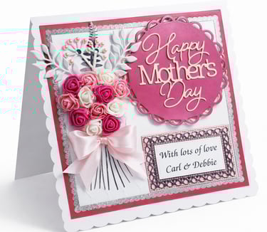 Handmade Mother's Day card with a satin bow, and bouquet of roses