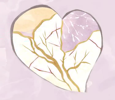 Watercolour kintsugi heart representing beauty, meaning & character created through pain & heartache
