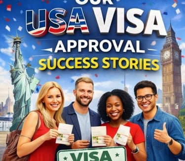 "USA visa approval success stories banner with happy applicants holding passports and visa approved