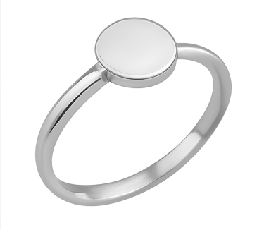 A minimalist silver ring with a circular setting on a light grey background.