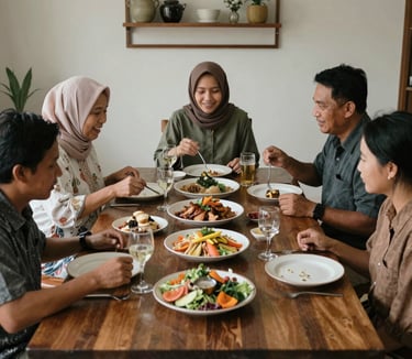A cozy family morning scene with parents and children enjoying healthy breakfast with honey and tea.