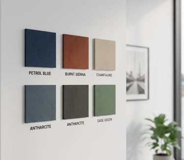 Modern textured interior wall paint color samples including Petrol Blue, Burnt Sienna, and Sage Green.