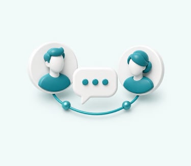 3D icon showing two real estate broker profiles connected by a conversation bubble.