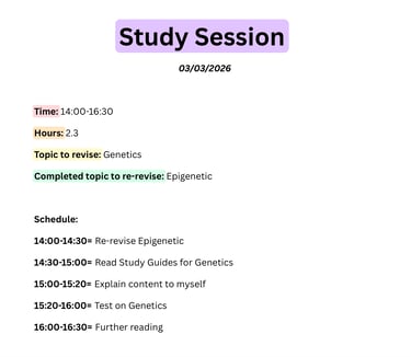 Digital study session planner showing a revision schedule for biology topics like Genetics and Epigenetics.
