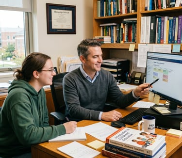 Advisor with student going over course registration on the computer.