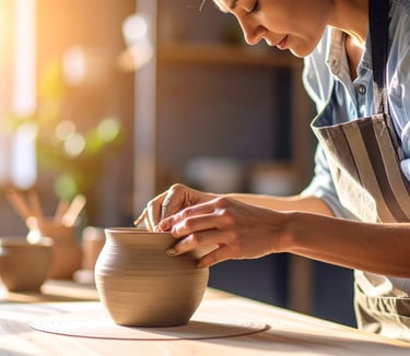 Potter working on a clay pot with their hands.