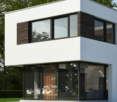 a modern house with a wooden exterior and a large window