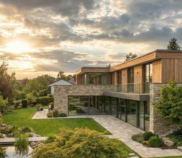 Modernes Luxushaus mit einer Fassade aus Stein und Holz, umgeben von einem gepflegten Garten