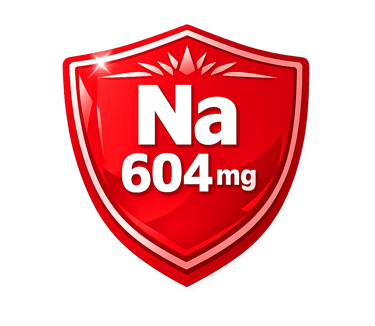A red glossy shield icon displaying Na 604mg representing sodium content in milligrams.