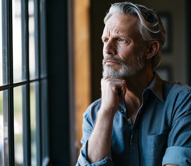 A pensive senior man with a grey beard looks out a window reflecting thoughtfully.