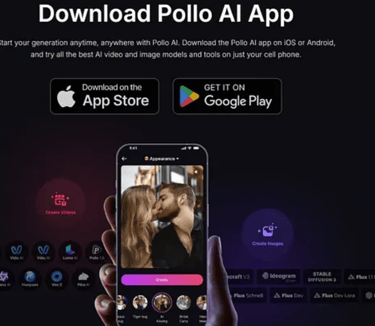 Image dashboard displaying Pollo AI’s mobile apps for both iOS and Android