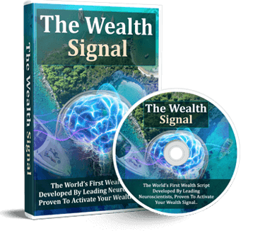 The Wealth Signal digital product box and DVD featuring a neural brain scan and tropical ocean background.