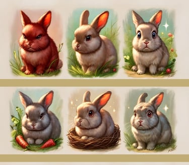 rabbits displaying emotions such as anger, content, sadness, surprise, fear, disgust