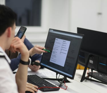 Students analyzing data charts and business analytics on a computer screen in a modern classroom.