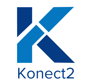 Konect2 logo featuring a blue geometric letter K
