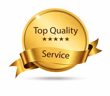 Golden top quality service seal with five stars and a ribbon for business excellence.