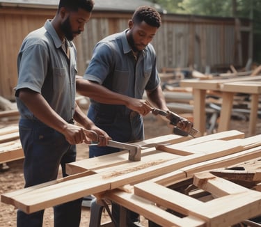Two skilled woodworkers using hand tools to shape lumber using timber in construction in Uasin Gishu