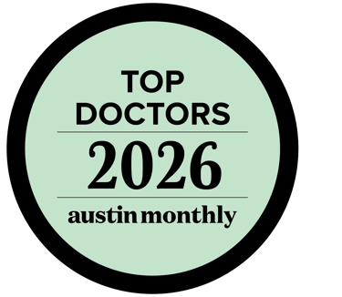 Austin Monthly Top Doctors 2026 award badge in a green and black circle.