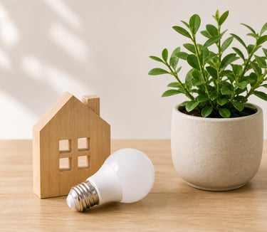 LED light bulb , plant, and wooden house