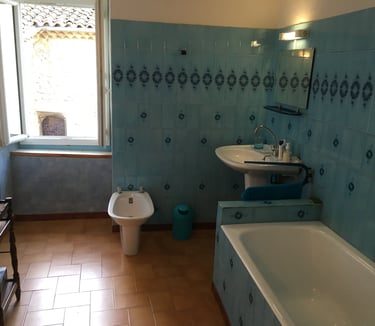 Rustic bathroom featuring blue patterned wall tiles, a white bathtub, bidet, pedestal sink, and terracotta flooring.
