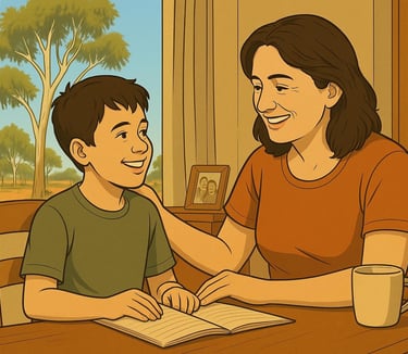 Italian-Australian mother praising son at kitchen table in Robinvale, gum trees outside, warm morning light, calm smiles.
