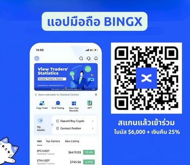 แอปมือถือ BingX พร้อม QR Code สำหรับดาวน์โหลด รองรับเทรดคริปโต Copy Trade Grid DCA รับโบนัส $6,000 และเงินคืนค่า