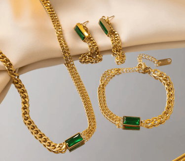 GREEN CHAIN CHOKER, BRACELET & EARRINGS