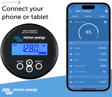 Victron BMV-712 Smart Battery Monitor displaying crucial power data, a key piece of RV technology