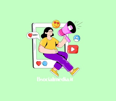 Illustration of a woman with a megaphone and social media icons for digital marketing strategy.