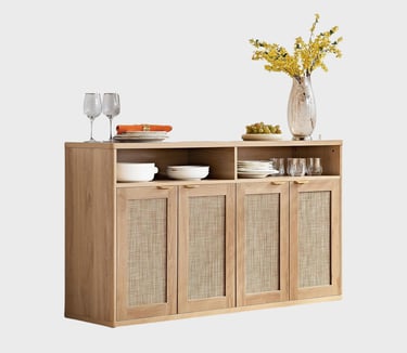 LEYAOYAO Rattan Sideboard Buffet Cabinet,55" Coffee Bar Cabinet with 4 Doors & Open Storage Shelf,Mo