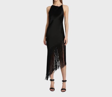 Amazon Luxury Fashion LaPointe Fringed Satin Cowlneck Midi-Dress Black