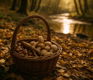 Basket full of foraged mushrooms set near forest creek, emphasizing wild edible gathering and fungi ID