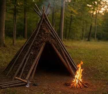 Teepee survival shelter built from logs with axe and fire pit