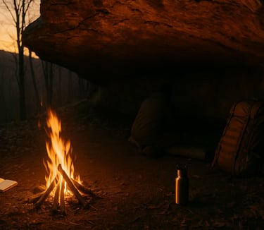 Fire and pack near rock overhang used for survival shelter