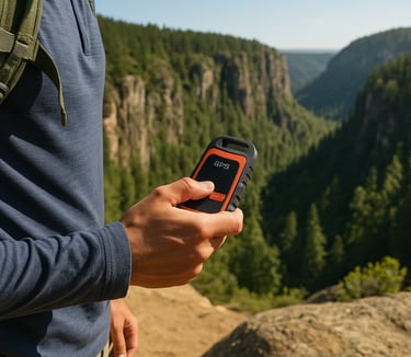 Hiker using handheld GPS beacon on mountain trail for emergency satellite tracking