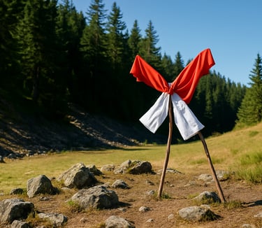 Red and white survival flag raised on sticks in grassy clearing for visual SOS signal