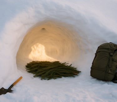 Winter snow cave shelter with pine bough bedding, bushcraft axe, and backpack for survival camping