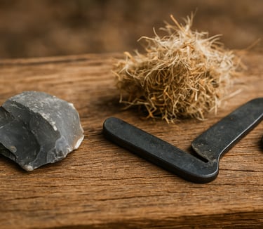 Flint and steel with dry tinder for primitive fire-starting technique