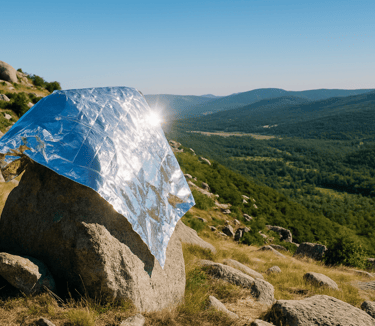 Emergency foil blanket draped on rock in high elevation to attract rescue visibility