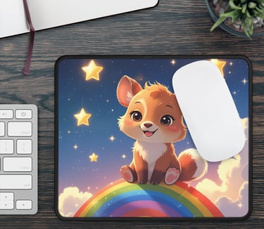 a mouse pad with a cute little fox, cozy, gamer, anime, cartoon