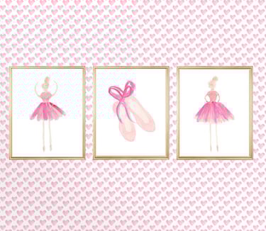 Set of three watercolor prints with ballerinas in pink tutus and pink ballet shoes, displayed against a pink heart background
