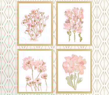 Wall decor featuring four soft pink watercolor floral artworks in a grid layout against a geometric diamond background