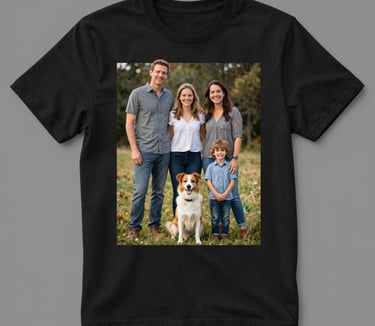 Close-up of a custom t-shirt featuring a vibrant, customer-uploaded photo design.