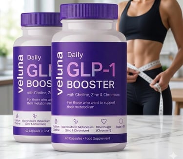 Veluna GLP-1 Booster weight management supplement bottles for metabolism and blood sugar support.