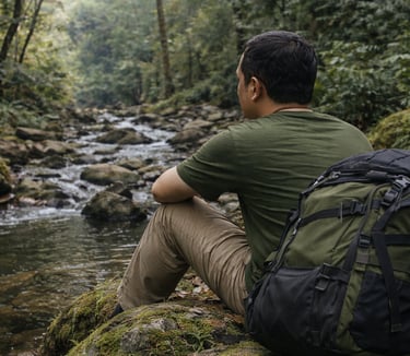 poto armando sedang istrahat di tepi sungai di dalam hutan