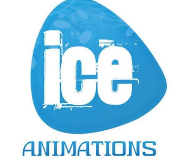 ICE Animations logo featuring white distressed text on a blue teardrop shape with a textured background.