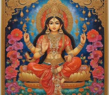 A radiant Tanjore painting of Goddess Lakshmi adorned with gold foil and bright colors.